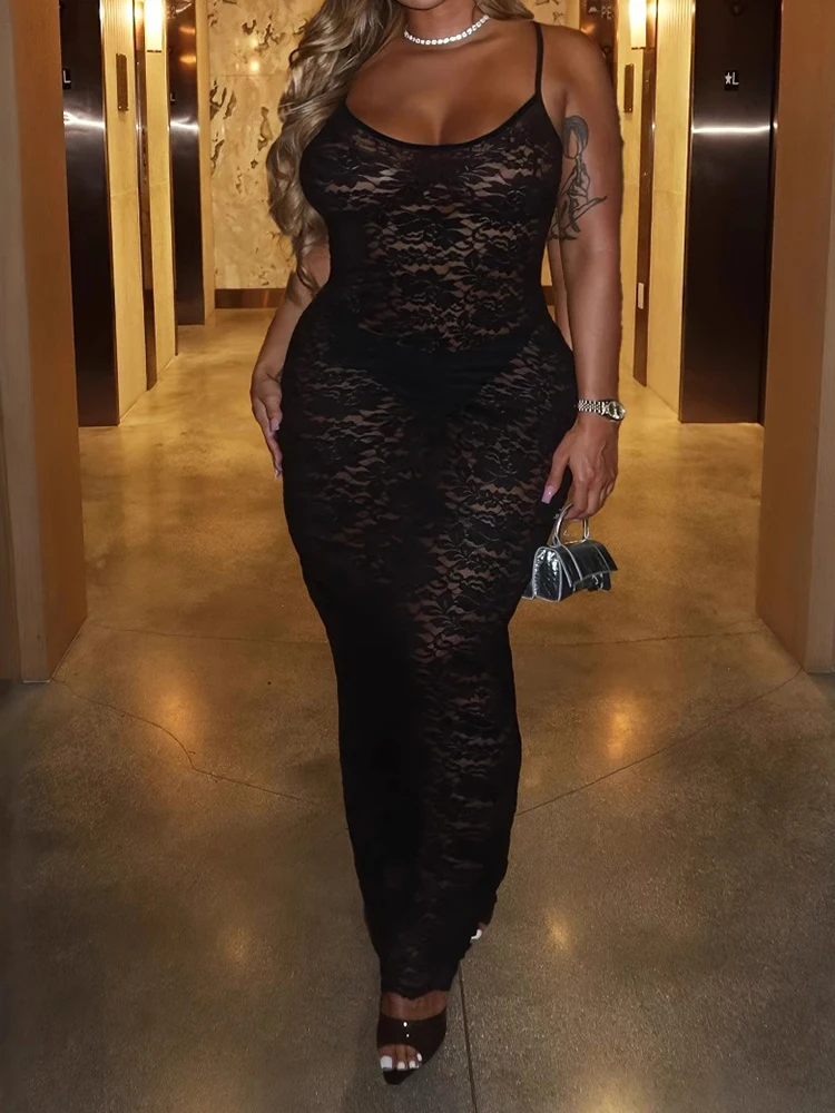 

Women Sexy Plus Size Party Dress Summer Thin Lace Fabric for Dress High Waist Transparent Black Spaghetti Strap Dress Slim Fit