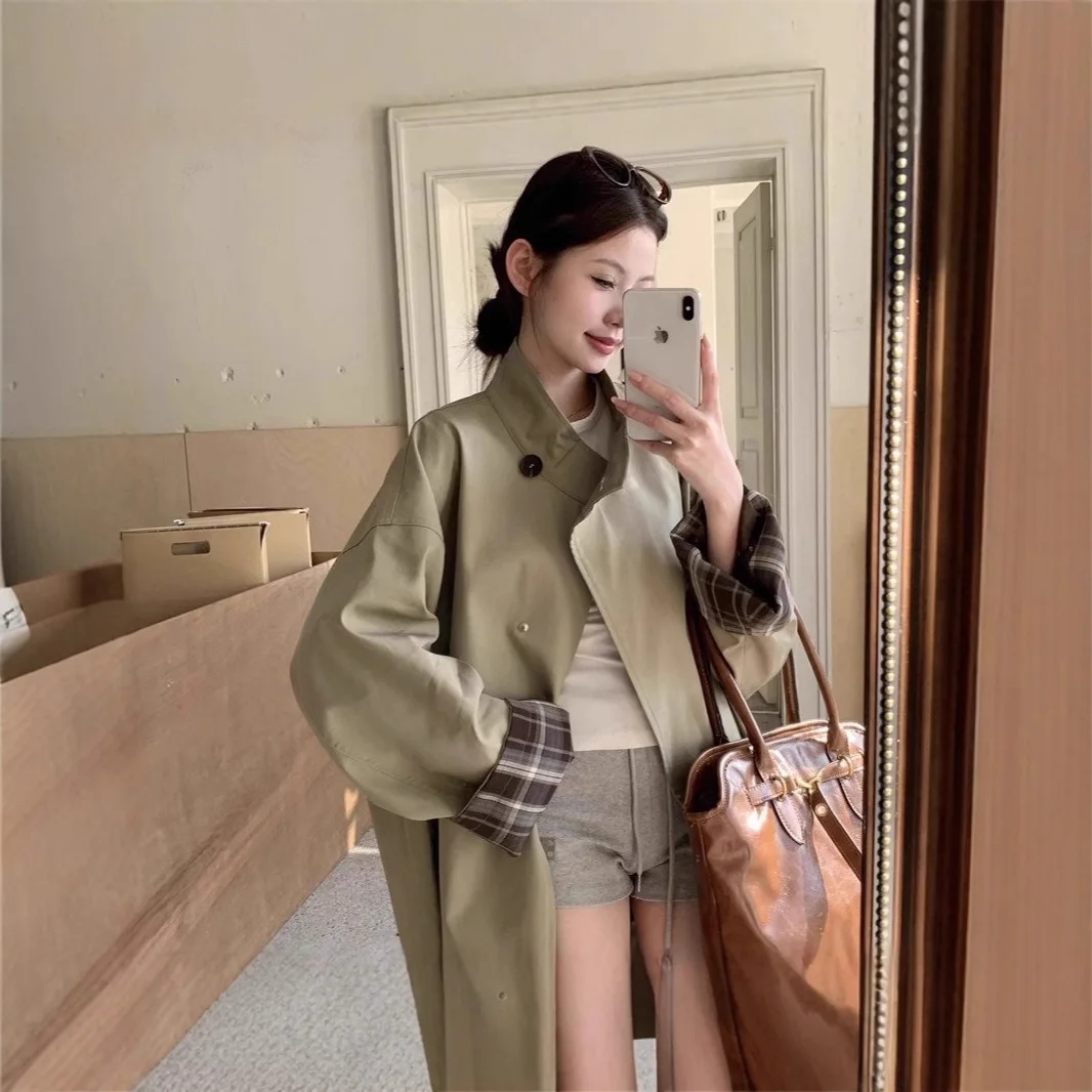 

SuperAen 2026 Spring New Trench Coat Slim Loose England Style Contrast Color Spliced Plaid Long-sleeved A-line Coats