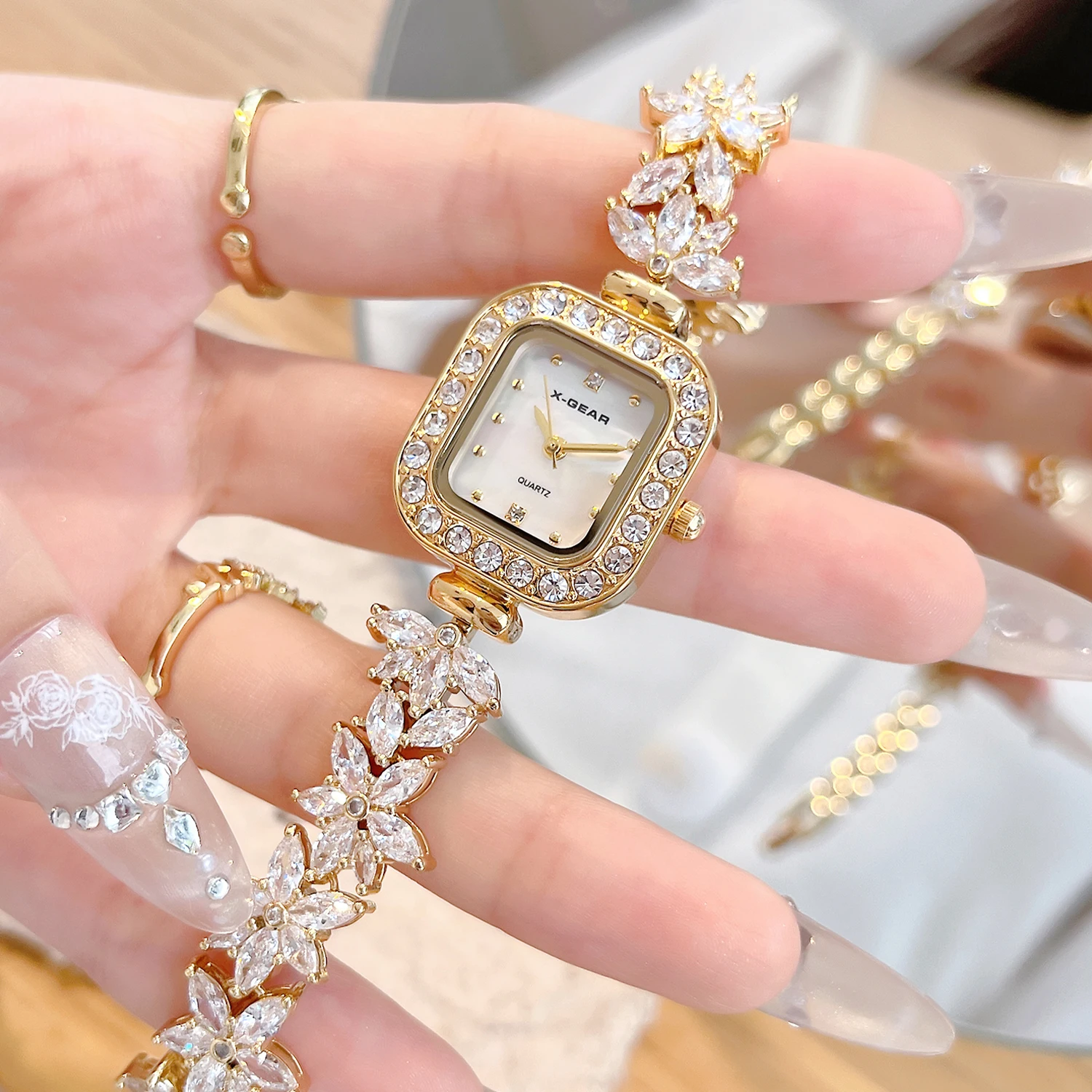 X-GEAR Women's Quartz Watch - Crystal-Embedded Steel Bracelet, Designer Square Wristwatch