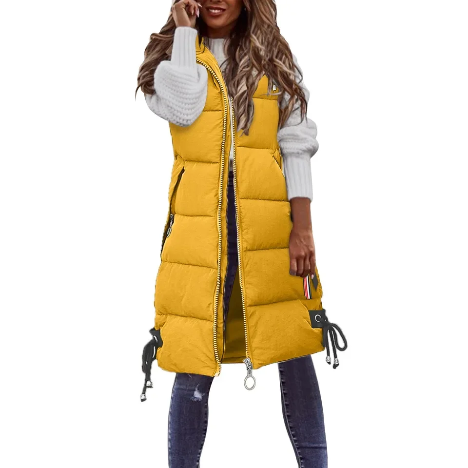 

Women's Fleece Long Vest Solid Zipper Sleeveless Hooded Vests Pocketed Waistcoat Loose Female Casual Winter Warm Coat