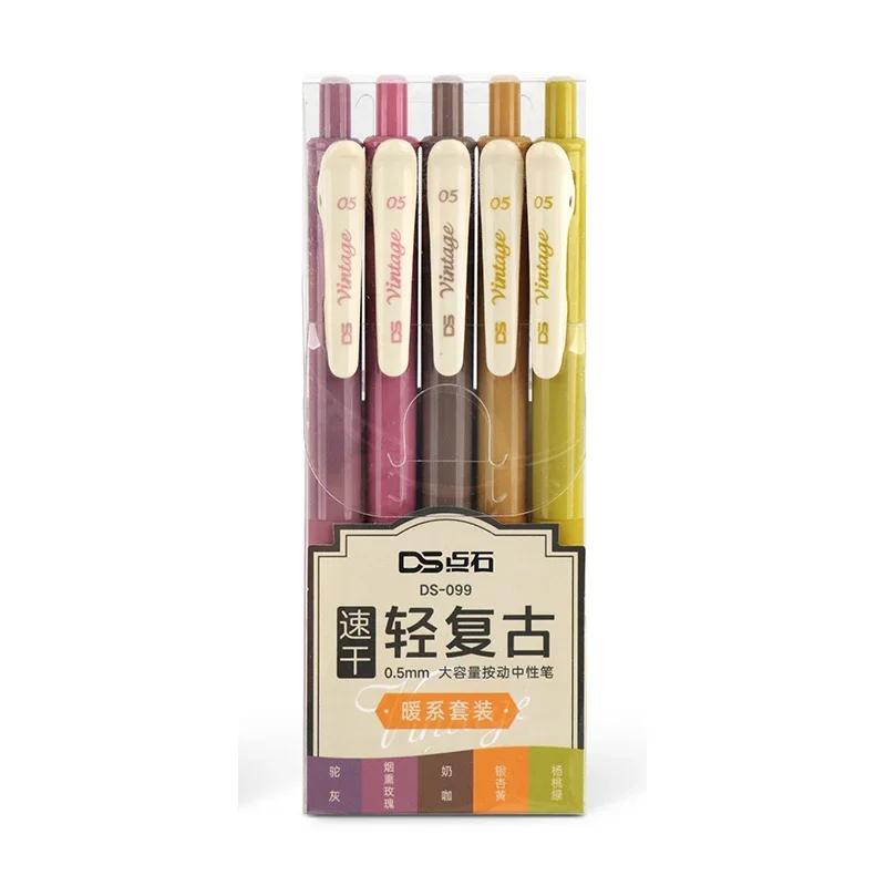 5-Pack Retractable Colored Gel Pens Quick Dry Ink 0.5mm Vintage Pen for Planner Drawing School Office Stationery