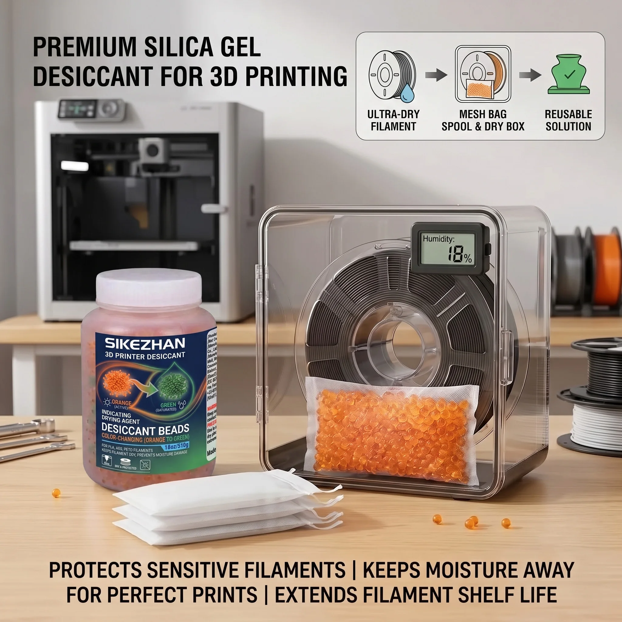 SIKEZHAN Blue/Orange Indicating Silica Gel Desiccant Beads Reusable 3-5mm Moisture Absorber for 3D Printers, Safes & Tool Boxes