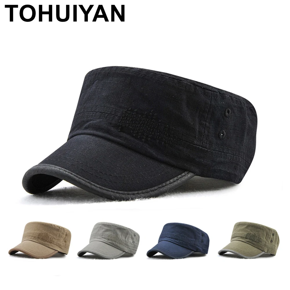 2023 Branded  Mens Caps and Hats Washed Cotton Flat Top Cap Summer Autumn Bone Gorra Military Hat Unisex Casual Cadet Army Hats