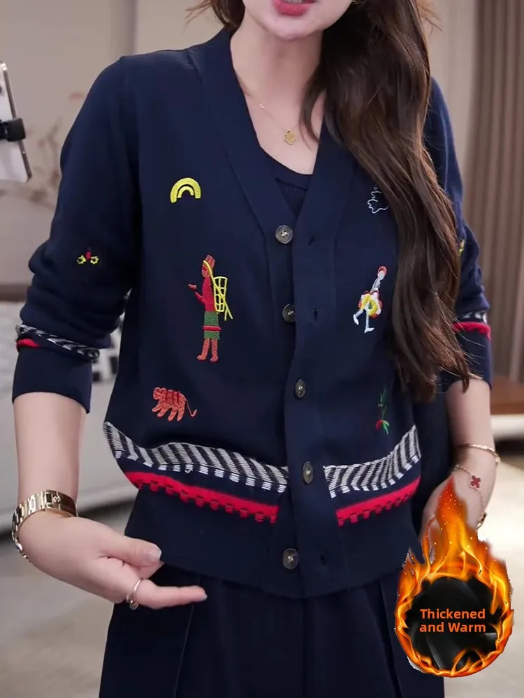 

Женский вязаный кардиган Ele с вышивкой, свободного кроя, модный, универсальный, весенне-осенний, с V-образным вырезом, длинными рукавами, теплый, на пуговицах