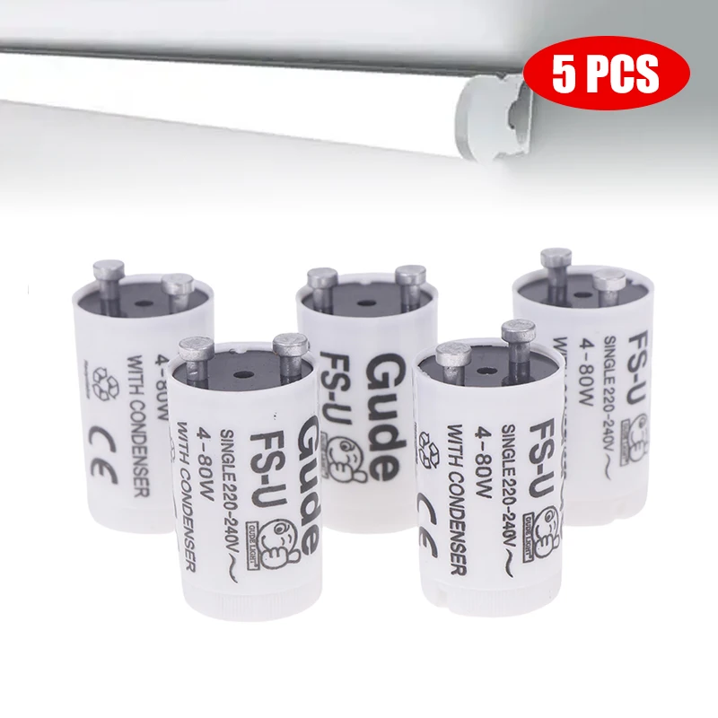 New 5Pcs/set Single 220V-250V 4-80W Fluorescent Lamp Starter FS-U S2 TL Starter Tube Fuse Starters CE Rohs