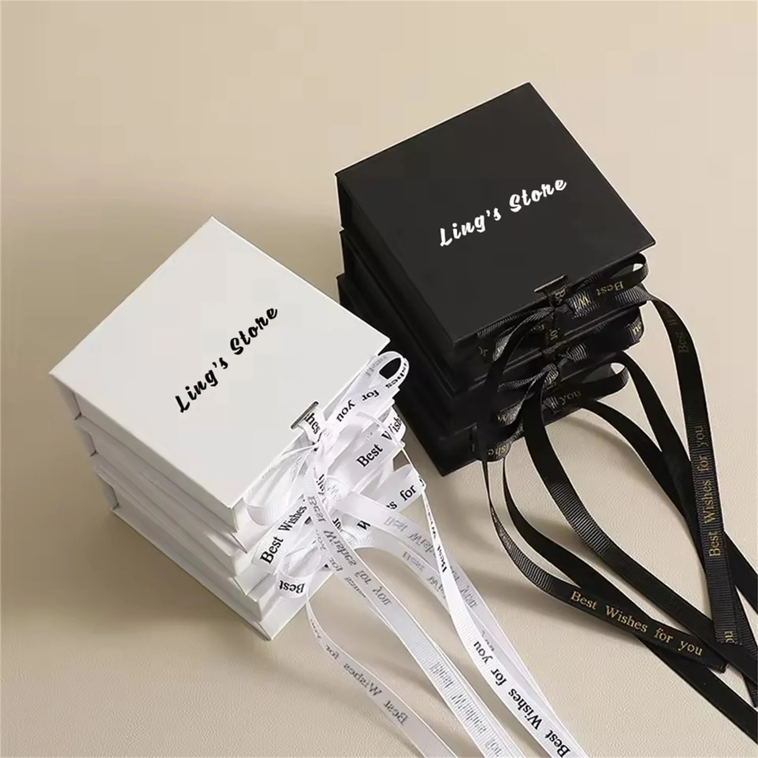 

24/50/100Pcs Custom Logo 9.3×9.5×3.5cm Jewelry Organizer Boxes With Ribbon For Earrings Studs Necklace Bracelet Pendant Keychain
