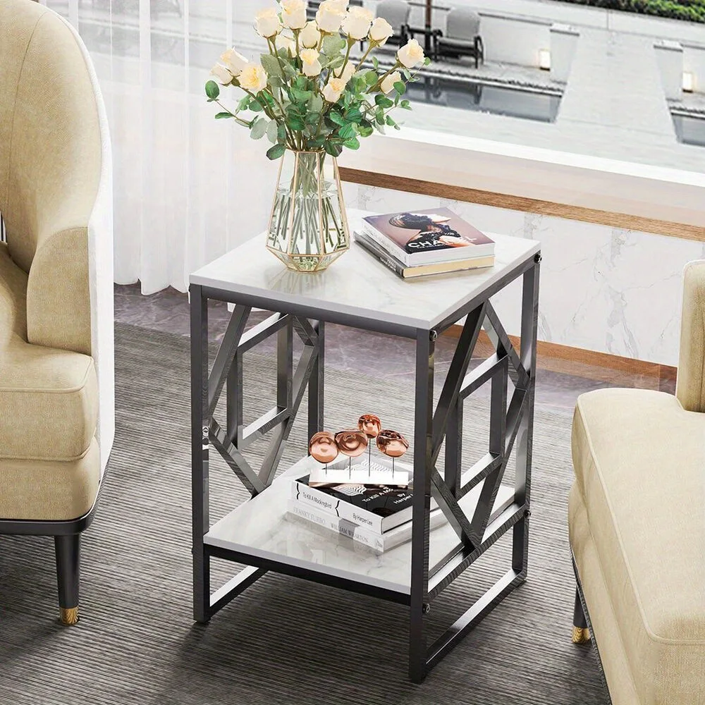 

Durable Sintered Stone Top Side Table 2 Tier Storage Decorative Firm Iron Frame