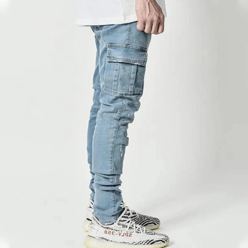 2022 New Cargo Jeans Men Streetwear Pants Multi-Pocket Black Slim Small Foot Casual Trousers Cargo Pants Men Blue