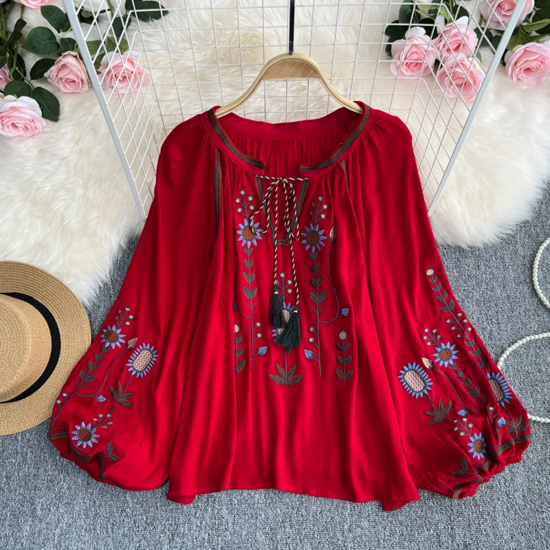 Women\'s Loose Casual Tie Front Round Neck Top Russian Embroidered Blouse Top Shirt Pullover 2024