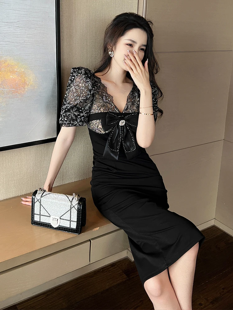

Ele Lace Knot Dr Women's Slim Fit Bubble Sve Gown Korean Sle High Waist V-Ne ort Sve Mid-Length