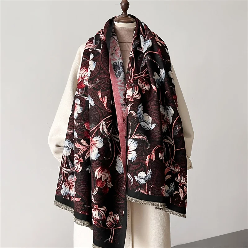 Fashion Luxury Oil Painting Style Women Winter Scarf Cashmere Floral Warm Shawl Pashmina Female Foulard Wrap HIjab Neckerchief