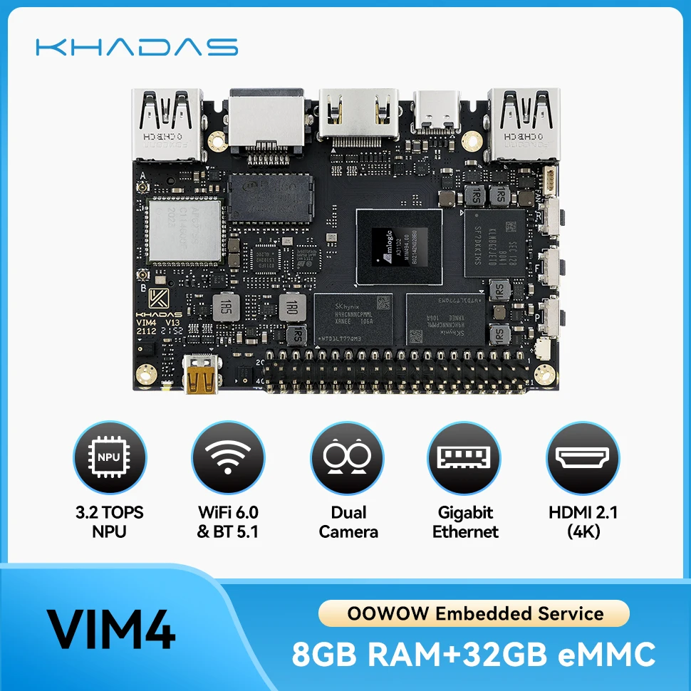 Khadas VIM4 A311D2 SoC Single Board Computer 8 Core 2.2GHz with 4K UI/WiFi 6/BT5.1/3 Display/Dual Camera/Gigabit Ethernet Multi