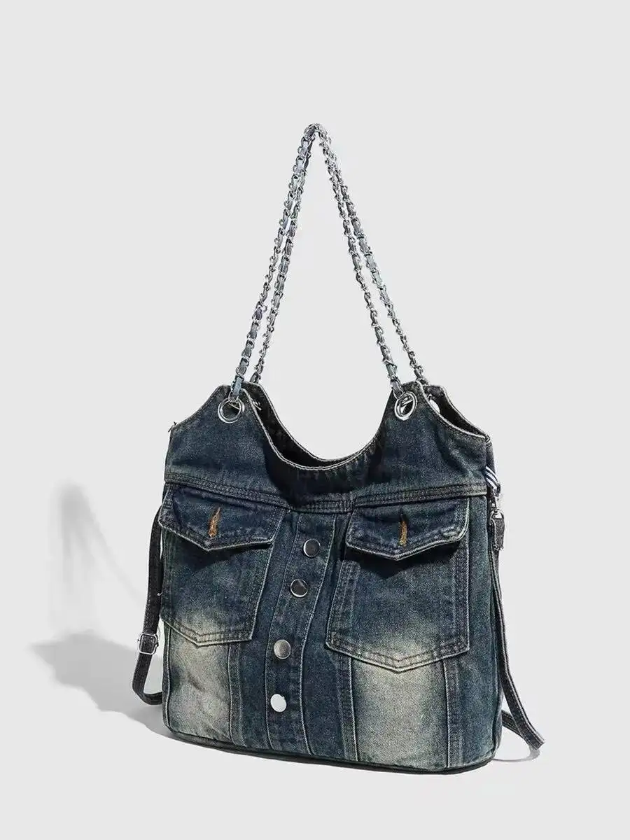 Bloom Hot Girls Denim Shoulder Bags Women Vintage Haruku Pocket Large Capacity Handbag Ladies Retro Casual Underarm Bag Y2k