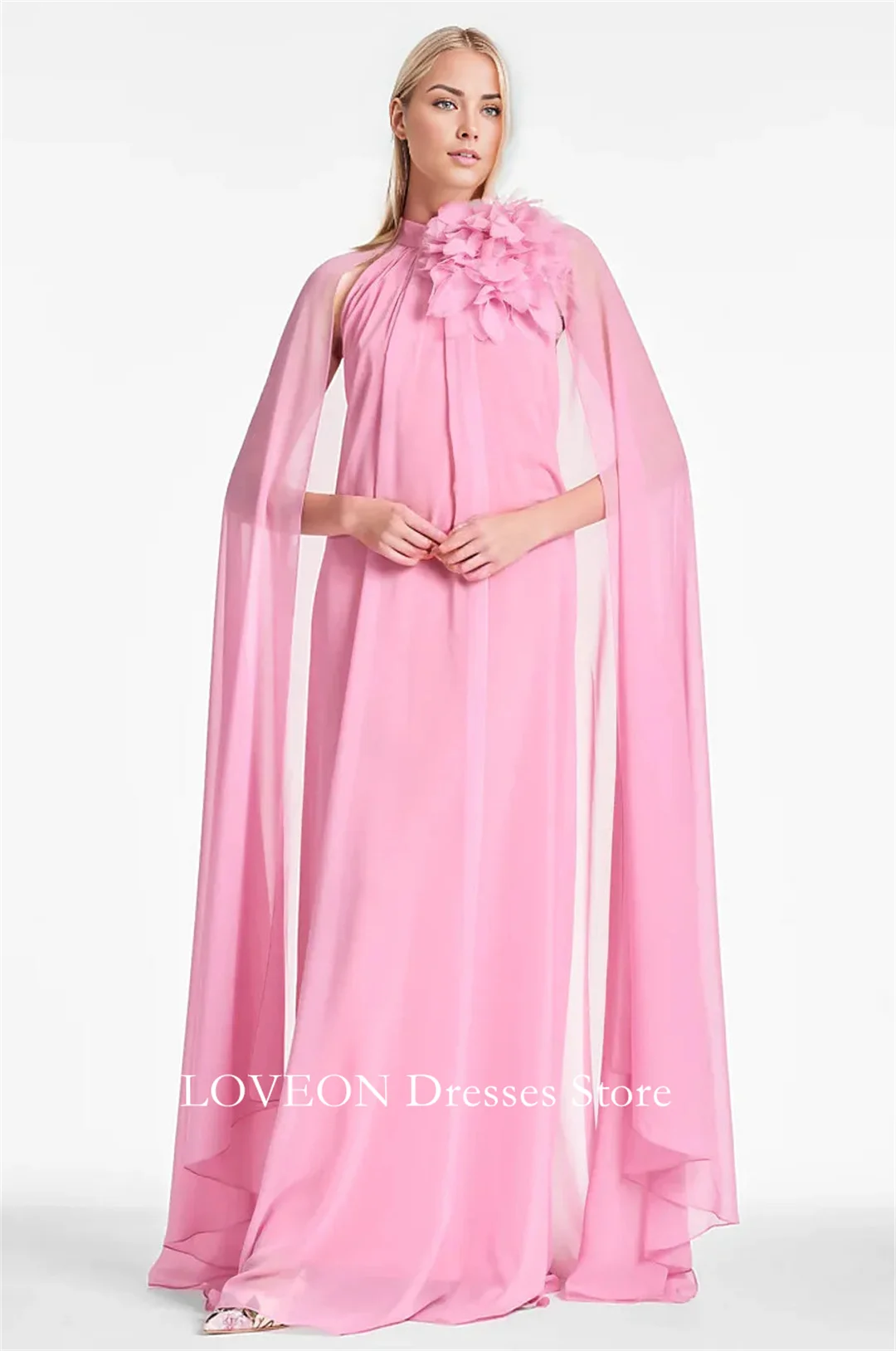 Customized Dubai Pink Formal Dress Prom Party Chiffon Flower Full Sleeves Evening Gowns for Women Formal Bridesmaid Dress