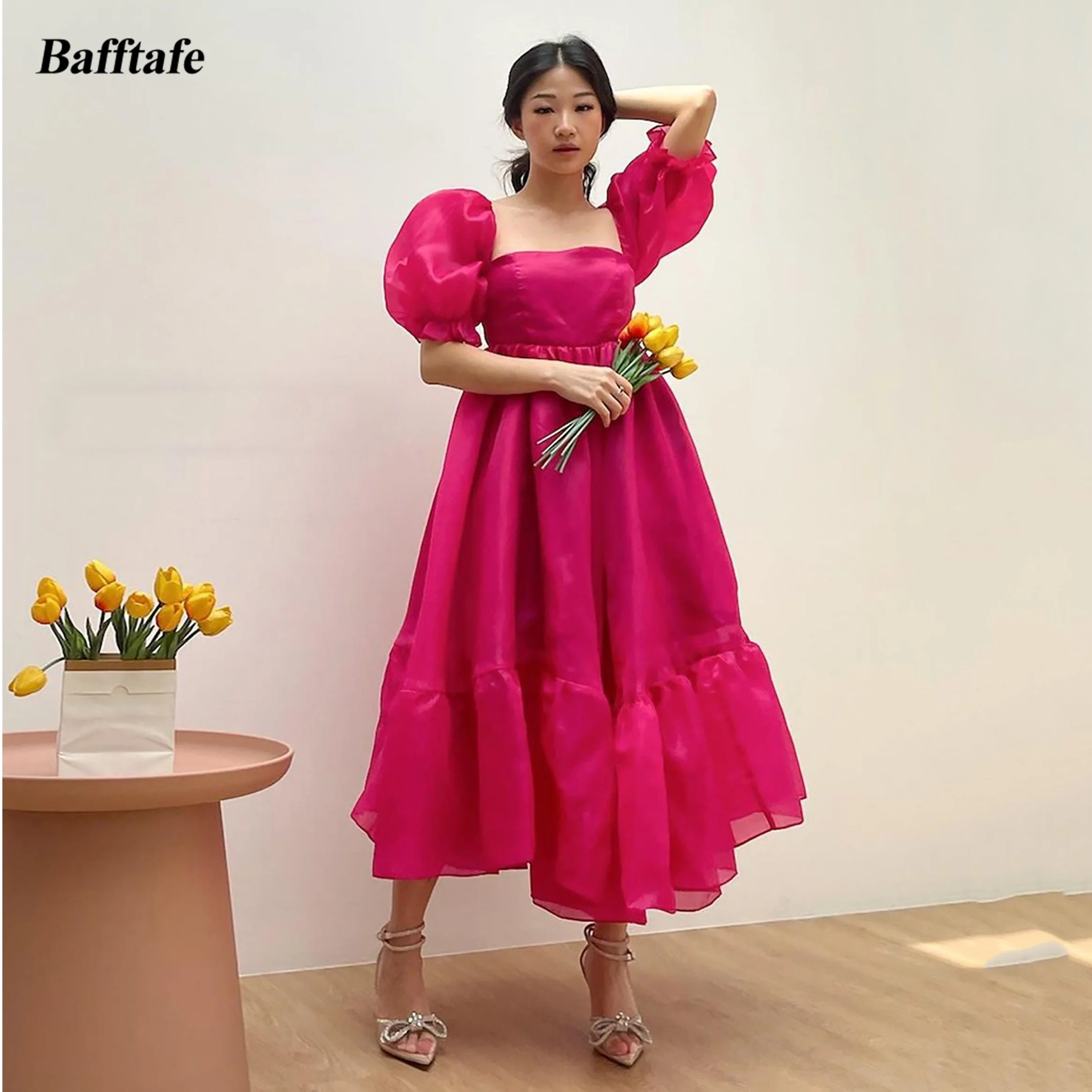 

Bafftafe Customized Fuchsia Organza Formal Party Dresses Short Sleeves Pleated Skirt Prom Dress Special Occasion Evening Gowns