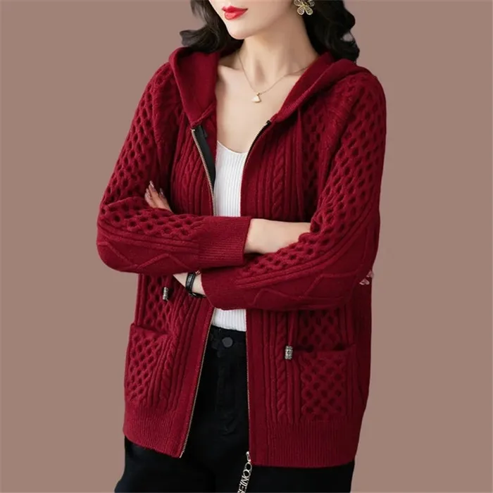 Nueva chaqueta de punto para primavera y otoño para mujer, cárdigan grueso con capucha de Color sólido, suéter, abrigo informal cálido para mujer, Tops de punto con cremallera 3XL