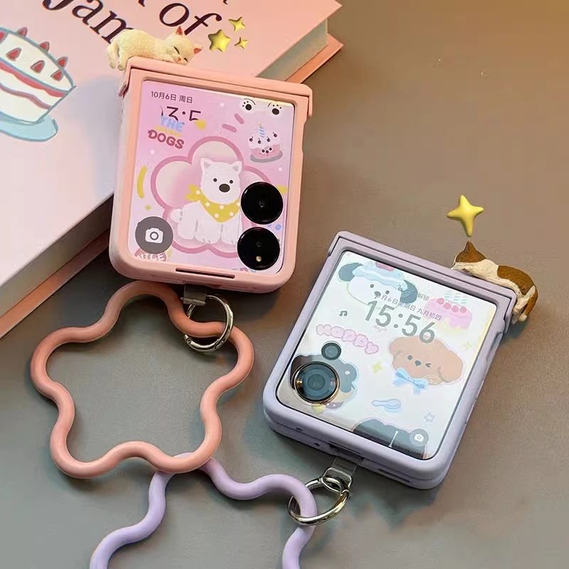 Korea Cute 3D Kitten Case Flower Strap Girl Case For Samsung Z Flip 7/6/5/4/3 For Motorola Razr 40 50 60 Ultra Xiaomi Mix Flip - náhled 4