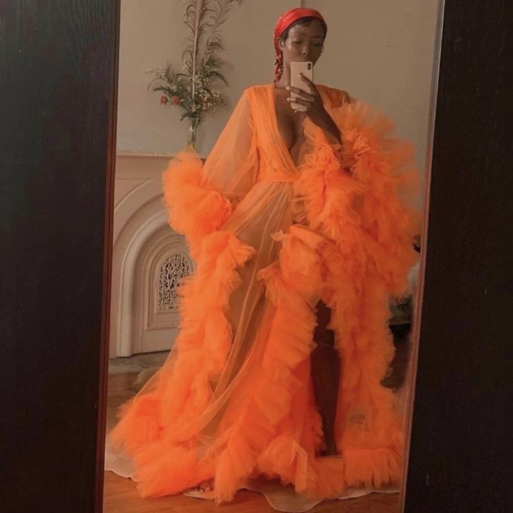 Tulle Kimono 2022 Orange Maternity Robe Long Sleeves Puffy Ruffle Bridal Beach Dresses Illusion Birthday Photoshoot Dress