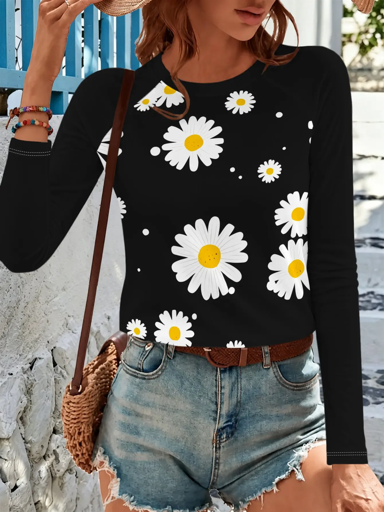 Women Long Sleeve T-shirt Round Neck Dandelion Floral Print Casual Top Spring Autumn Fashion Slim Fit Daily Wear Women's Clothes view 5