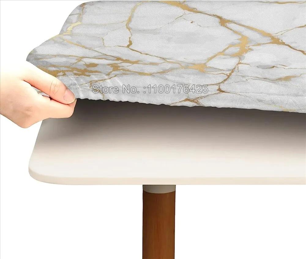 Marble Fitted Square Tablecloth with Elastic Edges Modern Art Waterproof Table Cover Polyester Table Clothes for Kitchen Dining