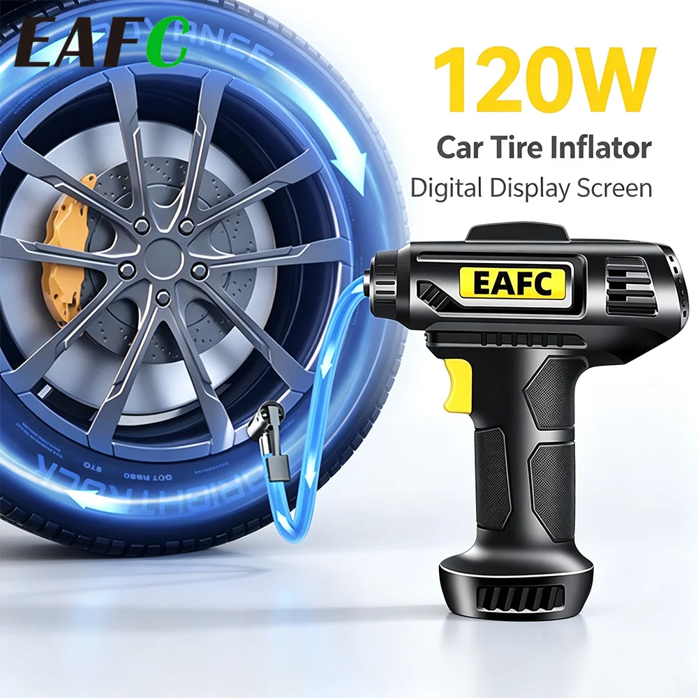 EAFC 120 W tragbarer Auto-Luftkompressor mit digitaler Anzeige, kabelloser/kabelgebundener Reifenluftkompressor mit LED-Notbeleuchtung für Fahrzeuge