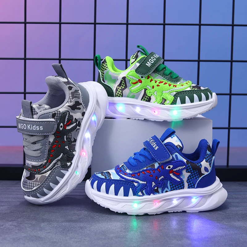 Spring and Autumn New Children's Sports Shoes, Stylish Tyrannosaurus Led Light-Up Shoes for Boys Aged 1-6, Light-Up Sneakers