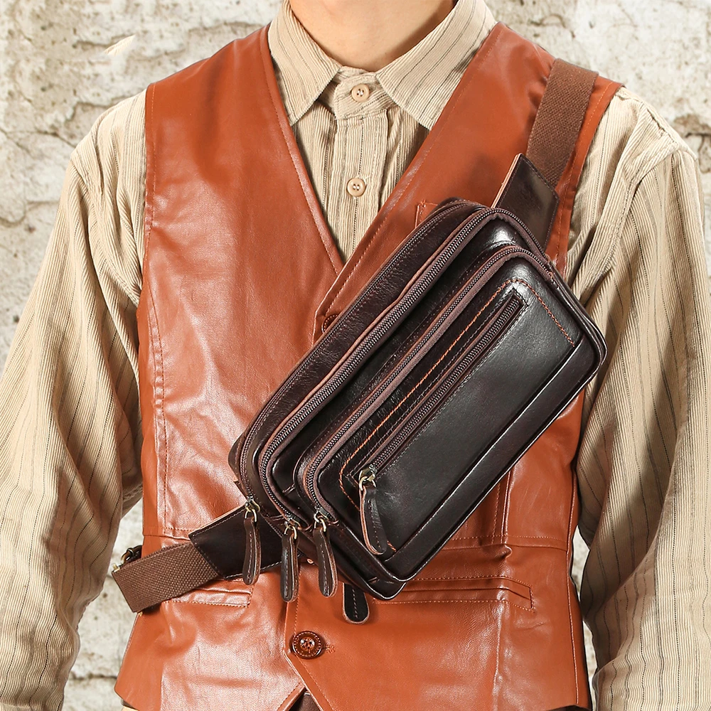 Fashion Waist Packs Men Genuine Leather Organizer Travel Chest Bag Necessity Waist Belt Mobile Phone Small Bum Bag Crossbody Bag