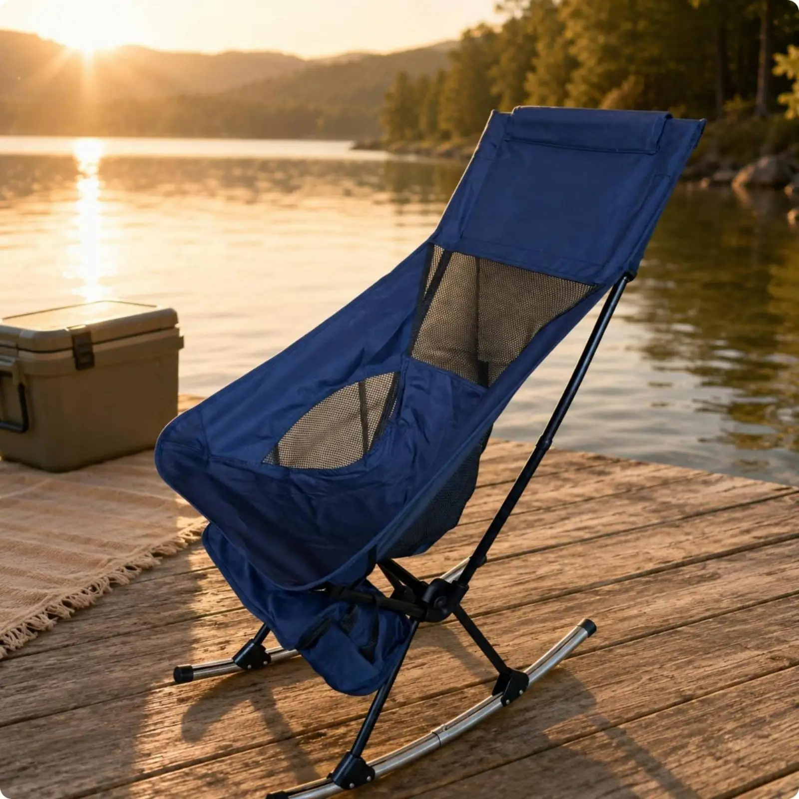 Foldable Outdoor Rocking Chair for Camping Fishing Lightweight Portable Steel Frame 600D Oxford Cloth with Storage Pouch Compact