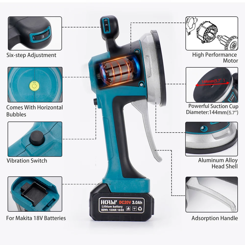 20V Wireless Tiler Vibrator Tiling Machine 6 Speed Automatic Tiles Leveling Adjustment Absorb Power Tool For Makita Battery