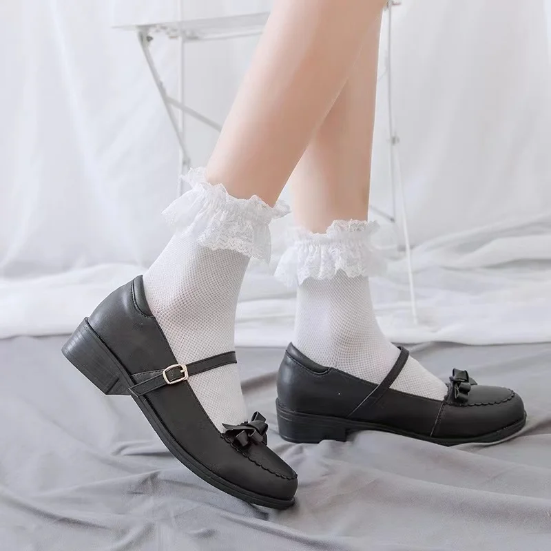 Calzini da donna in pizzo Lolita Jk stile giapponese bianco nero solido kawaii ragazza cotone carino calzini alla caviglia per Famale Navo ж Javali Kamiе