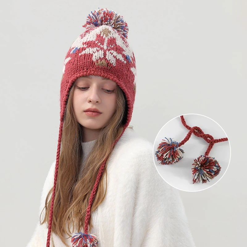 USPOP Autumn Winter  Women Beanie Hats with pom poms Jacquard  Lace-up Knitted Hat Warm Thickened Beanies with Earmuffs