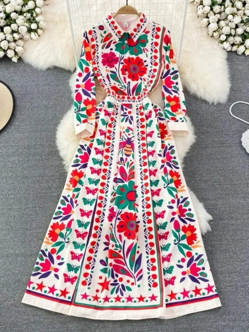 Bohemian Court Style Streetwear Robe Femme Turn Down Collar Contrast Color Chic Buttons Vestido Flower Print Slim Party Dresses