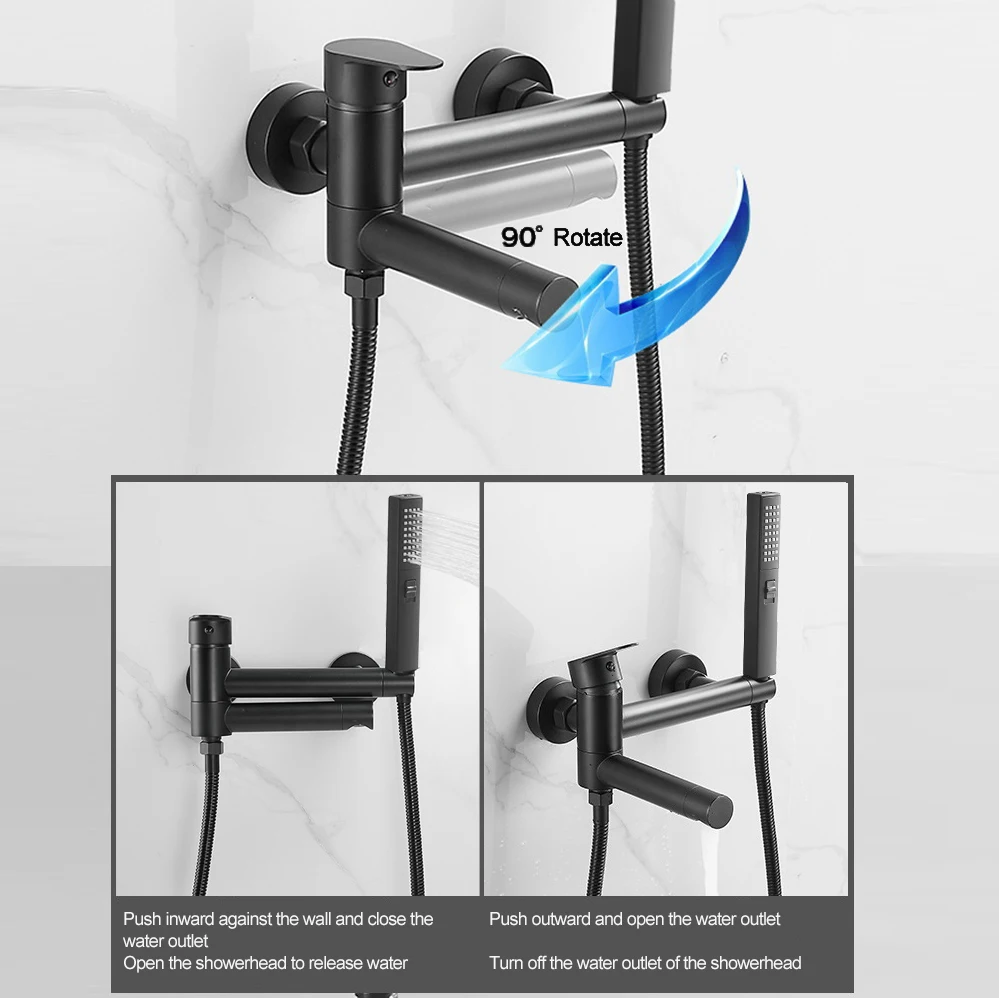 Badewannenarmaturen, modernes schwarzes Bad-Duschset, einzigartiges Design mit drehbarer Düse, Mischbatterie, Wandmontage für Badezimmer