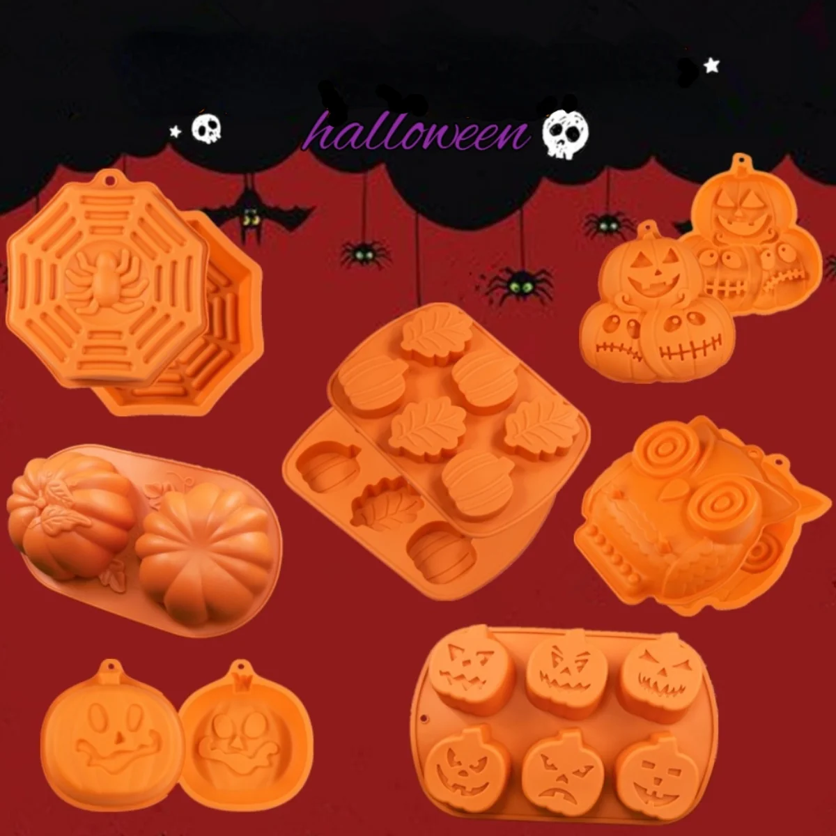 NEW Halloween Pumpkin Silicone Mousse Cake Mold Baking Tray Octagonal Spider Candy Biscuit Jelly Mold Skull Owl Chocolate Making