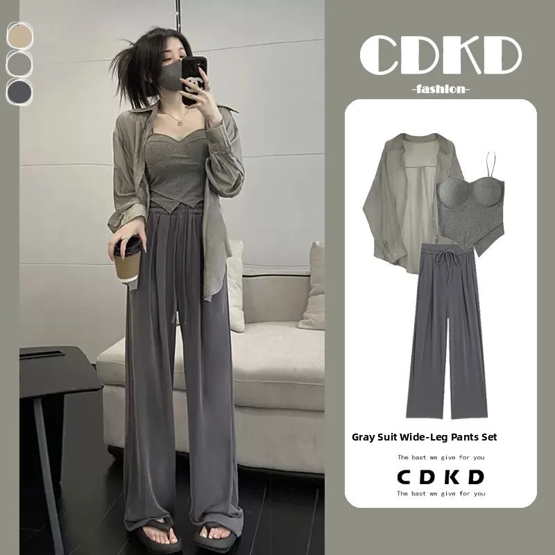 

Faionable повседневный женский комплект, новинка 2025 года, защита от солнца, тонкие широкие брюки, комплект футболок для молодых женщин