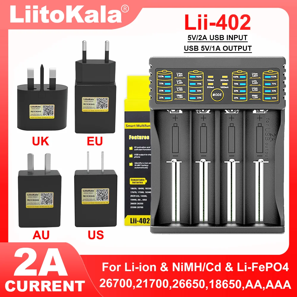 Lii-L2 Lii-L4 Liitokala Lii-402 Lii-202 wtyczka 5V EU US UK dla 3.7V 18650 18350 26650 18490 14500 21700 inteligentna ładowarka