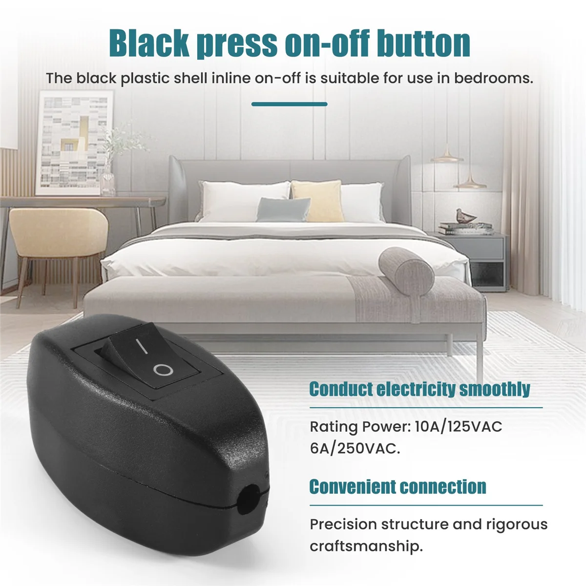 Black Bedroom On Off Button In Line Switch 6A/250VAC 10A/125VAC