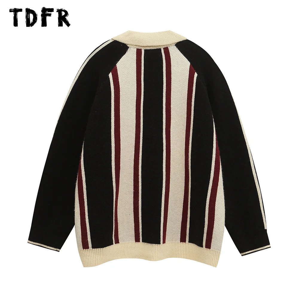 Letter Jacquard Spliced Knitted Sweater Mens Autumn Winter Retro Casual Streetwear Loose Lapel Long Sleeve Pullover Men