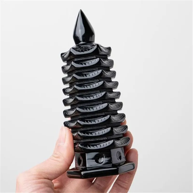 Natural Obsidian Carving Wenchang Tower, home decoration stone crafts raw ore gifts， reiki energy gemstone mineral specimen