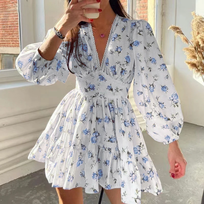 

BKLD Casual Floral Printed V Neck High Waist Long-sleeve Pleated A Line Short Dress Holiday Pastoral Style Sweet Ladies Sundress