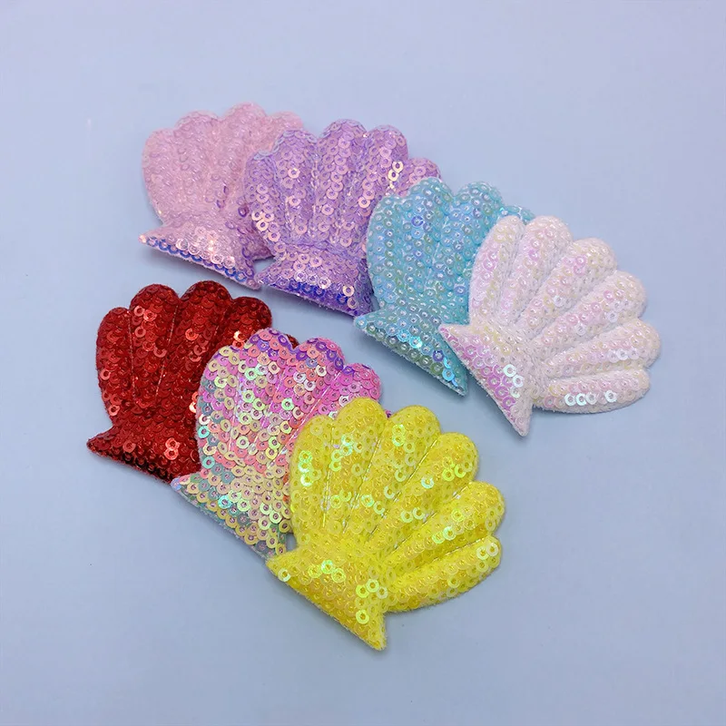 28Pcs 5.5x5CM Sequin Shell Padded Applique For Hair Clip Accessories Shoes Hats Decoration Patches