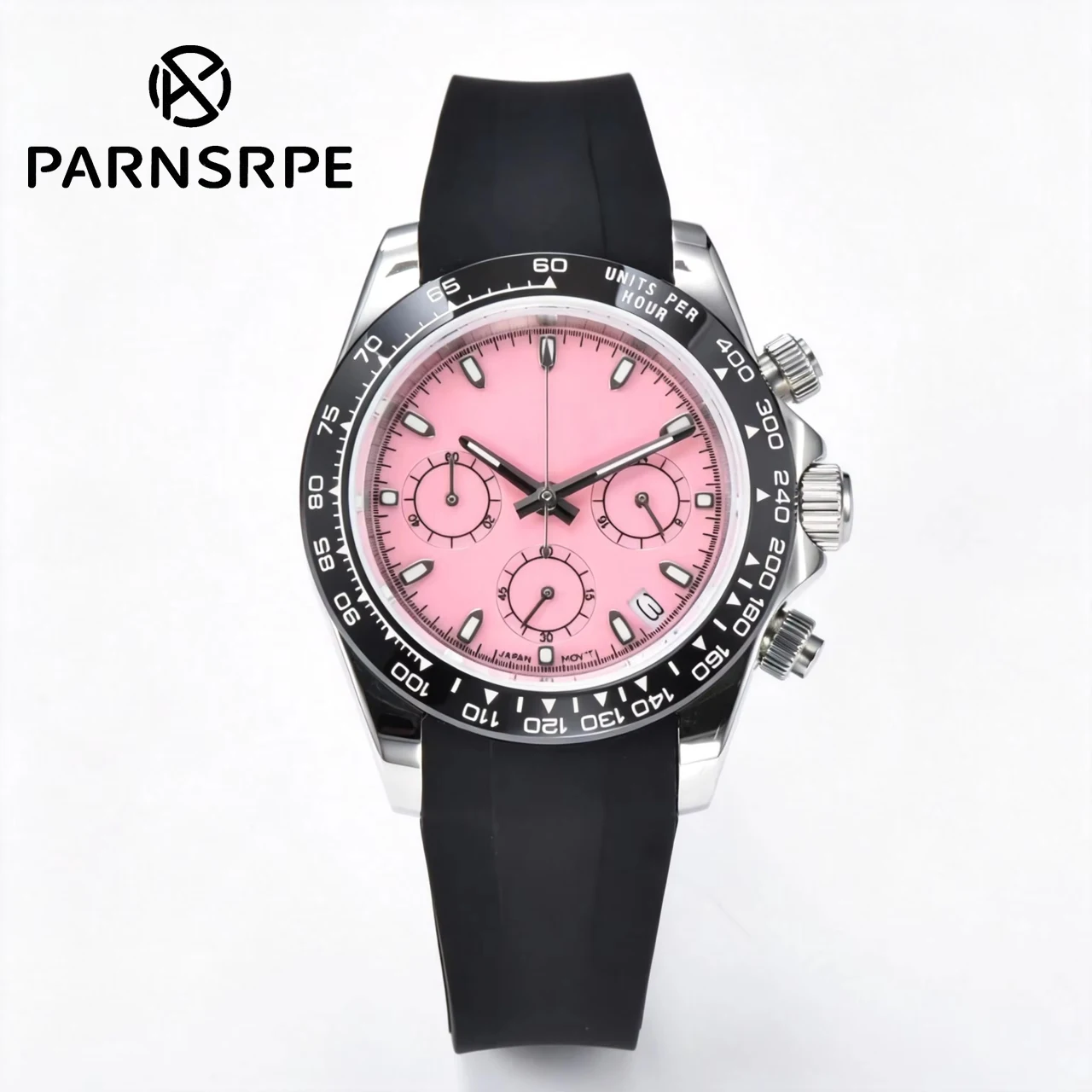 Hot Sale 40mm VK63 Chronograph Men's Watch, Pink Dial Sapphire Crystal Rubber Strap Solid Back, Business Watch