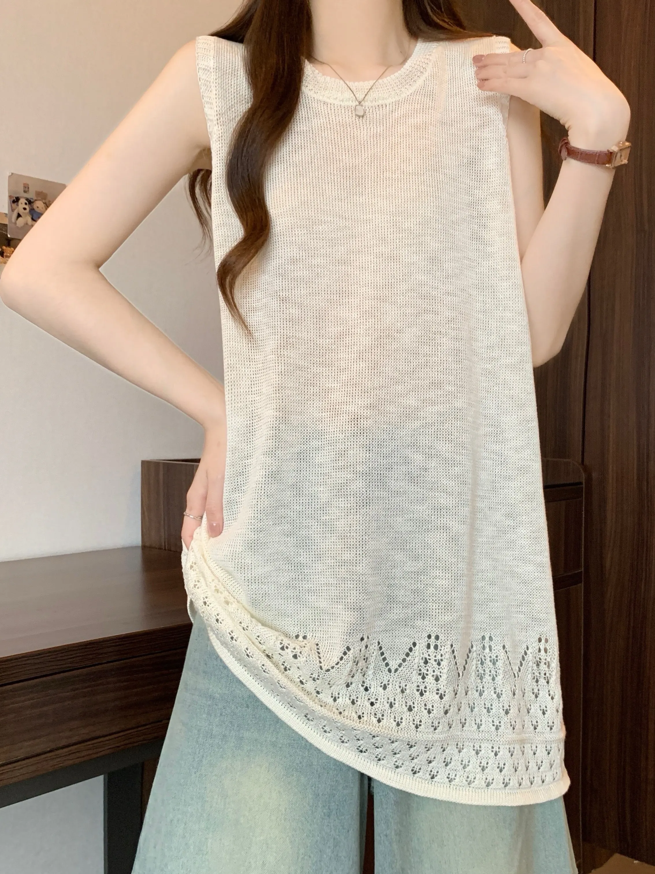 Lace Hollow out Strap Vest Women's Summer New plus Size Casual Top Mid-Length Sleeveless Outerwear round Neck A-Line Vest