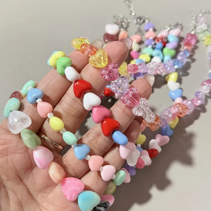 New Colorful Heart Candy Resin Handmade Necklace Earrings Sweet Gummy Love Heart Charms Choker Collar Cute Jewelry for Women