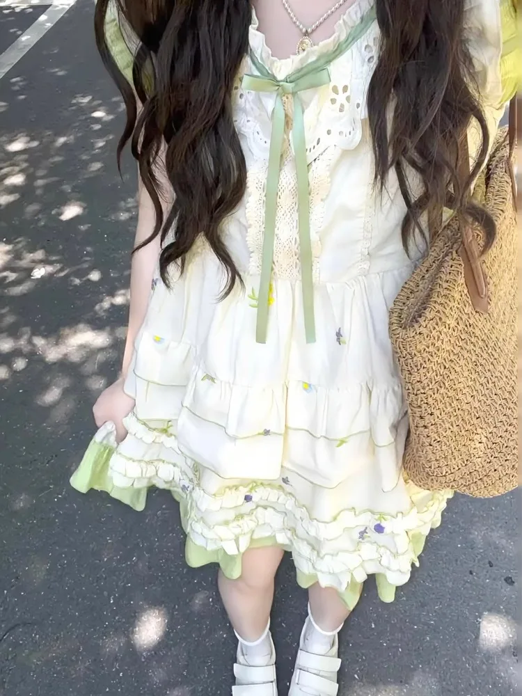 

Summer Sweet Flower Embroidery Flying Sleeve Tops Women+ Y2k High Waist A-line Lace Cake Skirts 2025 New Two Piece Sets