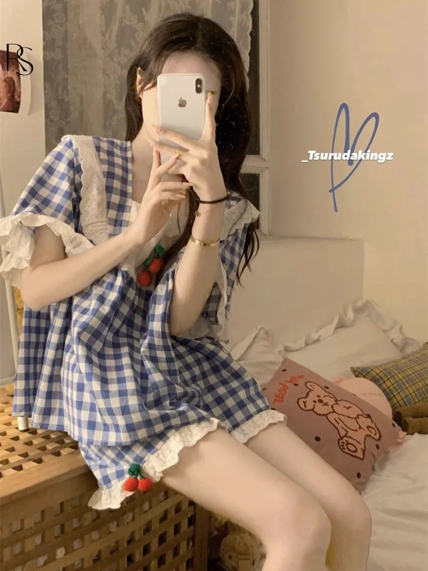 Japanese spring summer pajamas female cute plaid short-sleeved shorts two-piece set of sweet students home clothing