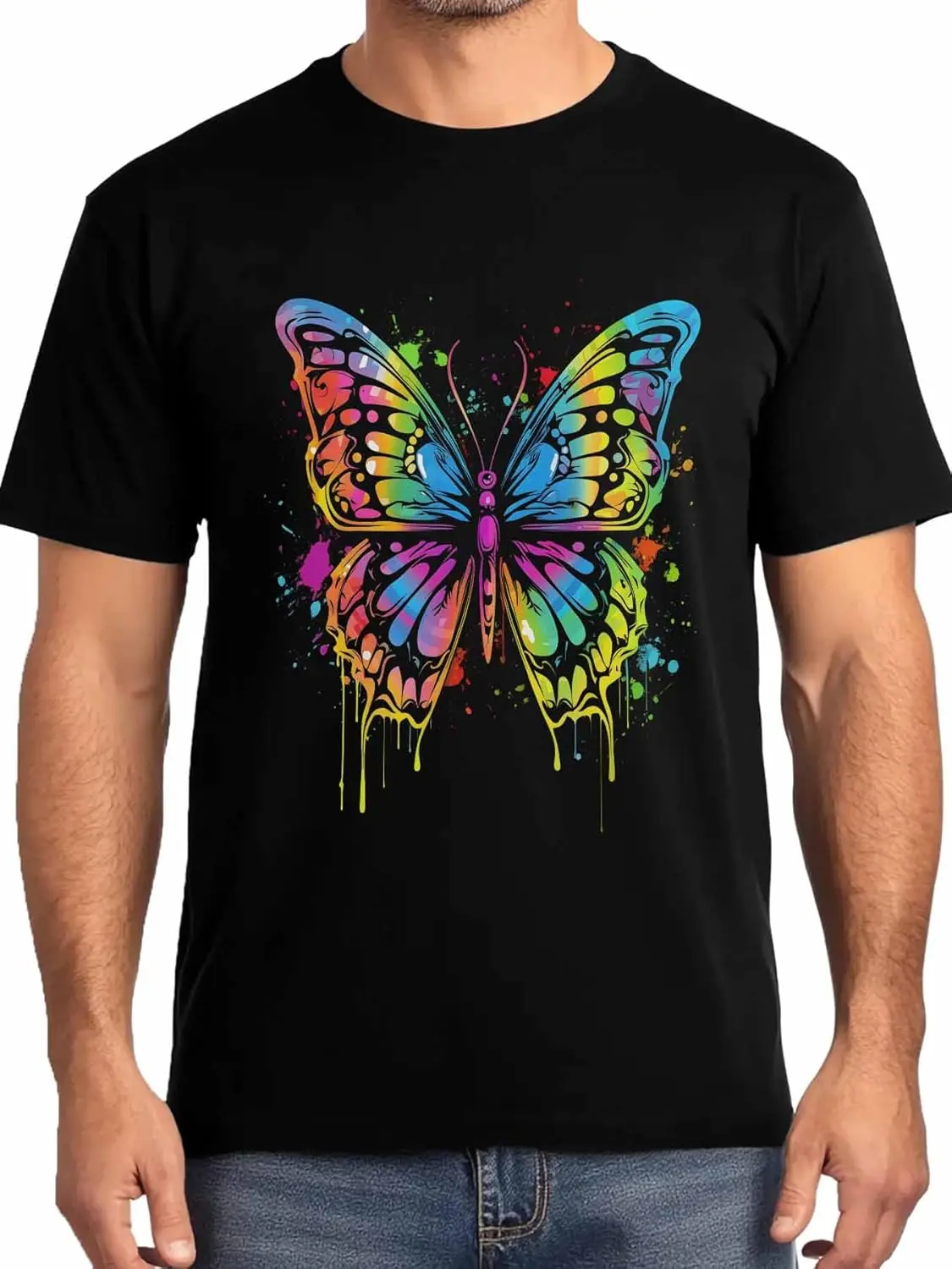 

Colorful Butterfly Mens T-Shirts,Short Sleeve Quick Drying T Shirts for Men Crew Neck Tee Splash Art Men's T-Shirts