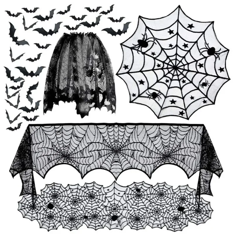 Halloween-Tischdecke aus schwarzer Spitze, Fledermaus, Spinnennetz, Kaminsims, Stoff, Familientischdecke, festliche Haushaltsgegenstände, Halloween-Party-Dekoration