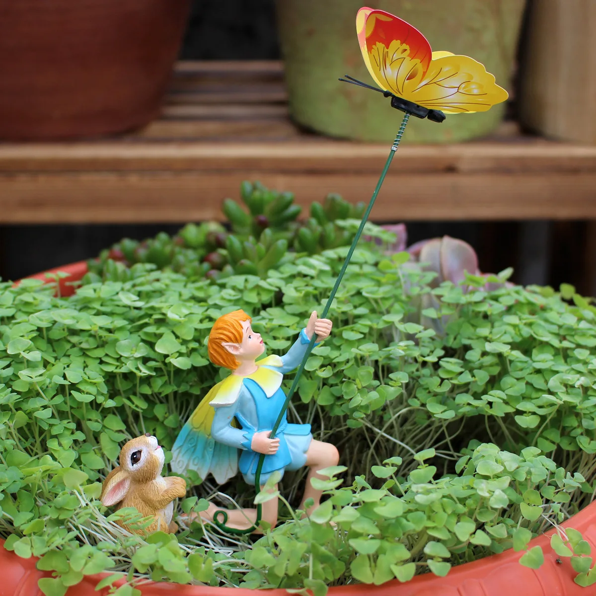 ‌Resin Boy Flying Kite with Rabbit Figurine - Whimsical Garden Decor for Fairy Tale Lovers