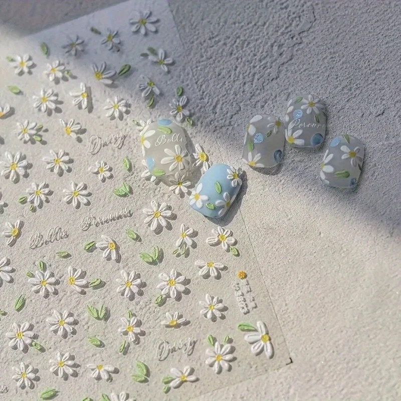 2pcs Fresh Spring Daisy Nail Sticker with Embossed Plaid Daisy Romantic Flowering Warmth